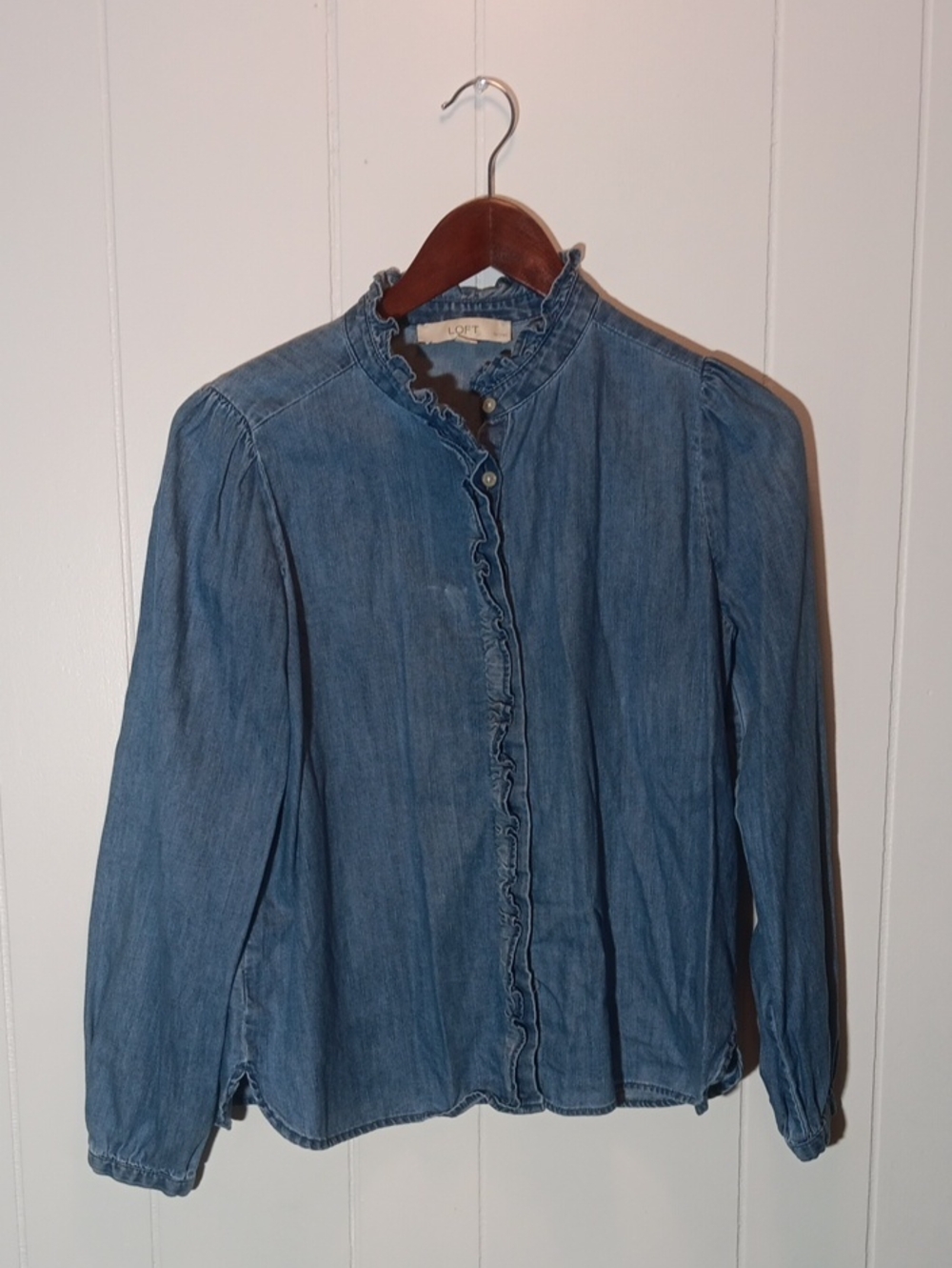 LOFT Light Blue Denim Ruffle-Trim Button Front Shirt
